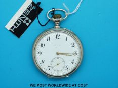 Zenith gentleman's open faced keyless wind pocket watch in continental silver case,