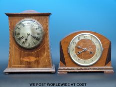 Two Art Deco style two train mantel clocks both with inlaid decoration to cases,