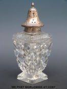 A hallmarked silver mounted glass sugar sifter (height 16cm)