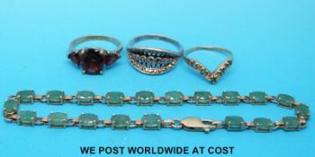 A 9ct gold and emerald bracelet together with a 9ct gold diamond and emerald ring,