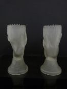 A pair of John Derbyshire & Sons pressed frosted glass vases in the form of left hands holding