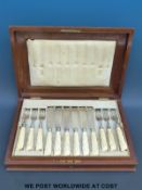 A cased 12 place fish eater set with hallmarked silver blades and ivory handles (1300g all in)