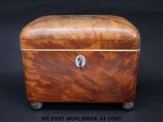 A Georgian blonde tortoiseshell two division tea caddy raised on ball feet, width 15cm, depth 9cm,