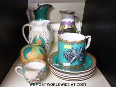A collection of Prattware including pewter topped jugs, one with cavalier and sewing women,