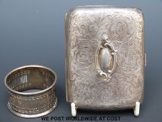 A hallmarked silver cigarette case and a cased hallmarked silver napkin ring (100g)