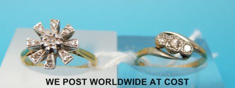 An 18ct gold ring set with diamonds in a cluster and a yellow metal ring maked 18ct set with three