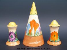 A Clarice Cliff Crocus sugar sifter together with a Gay Day salt and pepper pot (tallest 14cm)
