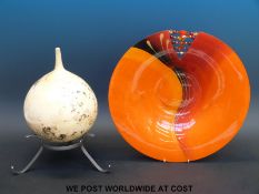 A gourd vase with incised AMT to base (39cm tall) and a large orange shallow dish with bead
