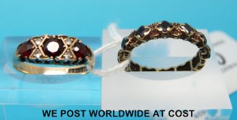 A 9ct gold ring set with a diamond and a 9ct gold ring set with alternating diamonds and rubies