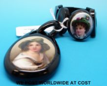 A jet bracelet and brooch set with two portrait miniatures