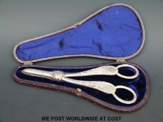 A cased pair of Victorian hallmarked silver grape scissors, Sheffield but without date letter,