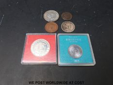 A 1697 William III type I half penny, together with an 1889 Victorian Jubilee half crown,