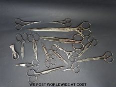 Fifteen pairs of steel scissors, many named including Rogers & Sons, Mappin & Company,