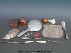 Hallmarked silver mirror, possible white metal mesh bag (200g), turned 19thC treen containers,