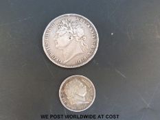 An 1821 George VI silver crown and a George III 1816 shilling