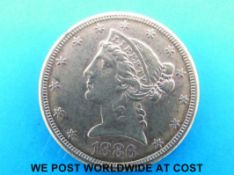 An American 1886 5 dollar gold coin San Francisco Mint mark (8.