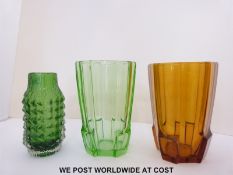 A green Whitefriars style glass vase and two others,