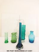 Six pieces of Whitefriars and other glassware, some with enamel decoration.