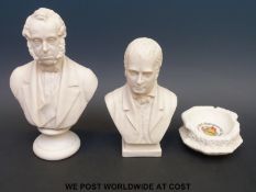 Two Goss parian busts of Lord Palmeston on a socle plinth and Walker Scott together with a Goss