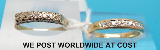 Two 9ct gold rings both set with a row of diamonds