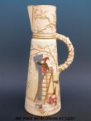 A Royal Worcester blush ivory ewer decorated with elves painting and a jackdaw (possibly of Rheims),