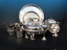 A silver plated tea set together with two silver plated trays,