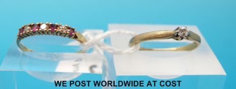 A 9ct gold ring set with red and clear stones and a yellow metal ring set with sapphires