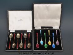 Two cased sets of hallmarked silver gilt and guilloche enamel spoons,