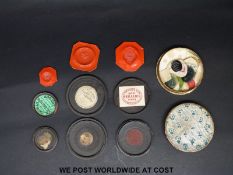 Three wax seals in wooden turned containers with original labels, one from R.