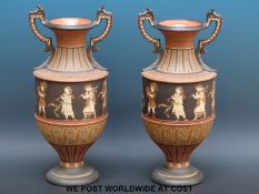 A pair of late 19thC / early 20thC German Mettlach pedestal twin-handled vases with incised