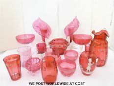 Fifteen pieces of Victorian Cranberry glass including a Mary Gregory vase