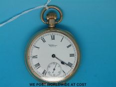 A Waltham gentleman's keyless gold plated pocket watch with secondary seconds,