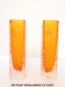 A pair of Whitefriars nail head glass vases in tangerine, by Geoffrey Baxter,
