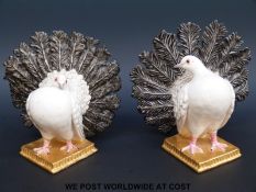 A pair of Nymphenburg fan tailed doves on gilt bases.