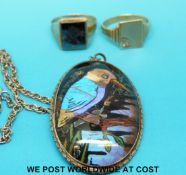 Two 9ct gold signet rings and a silver pendant set with butterfly wing