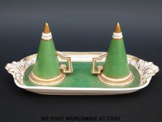 An early 19thC Derby double candle snuffer on tray (width 21cm)