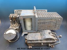 A thermo hygrograph together with a Fraser & Chalmers Engineering sign, Air Ministry ampmeter,