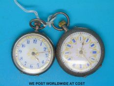 Two Continental white ladies fob watches both with ornately engraved cases marked 935 and gilt