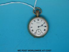 A 9ct gold ladies keyless fob watch by Waltham, Roman numerals on white enamel dial,