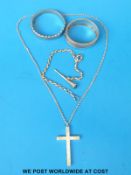 A hallmarked silver bangle, white metal bangle, white metal watch chain,