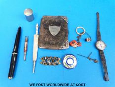 A Parker pen, coin box, agate pen, silver mounted leather purse, silver watch, guilloche brooch,