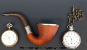A white metal (800) pocket watch, another pocket watch and a hallmarked silver mounted pipe,