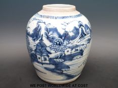 An 18th/19thC Chinese blue and white ginger jar decorated with houses and landscape scenes,