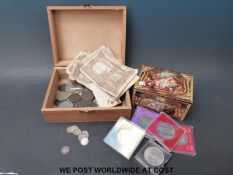 A collection of coins and bank notes including 1819 crown, Wiveliscombe three penny token,