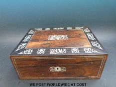 A 19thC rosewood and mother of pearl inlaid sewing or jewellery box with fitted interior,