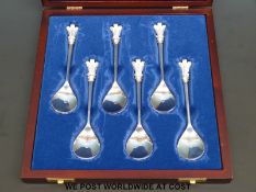 A cased set of six Prince of Wales feathers hallmarked silver spoons (165g)