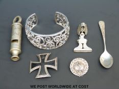A hallmarked silver cricket badge, white metal spoon, Iron Cross brooch,