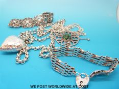 A long silver belcher chain, silver heart pendant, Scottish silver pendant with glass section,