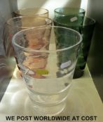 Five Whitefriars ribbed glass vases, two pewter, two amber, one clear,