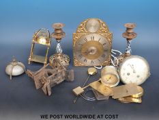 A quantity of clocks and movements to include a lantern clock with verge escapement,